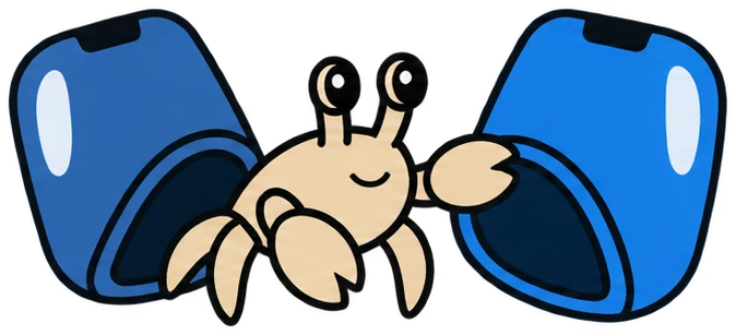 The Valence hermit crab stepping out of an old phone-shaped shell into a new one